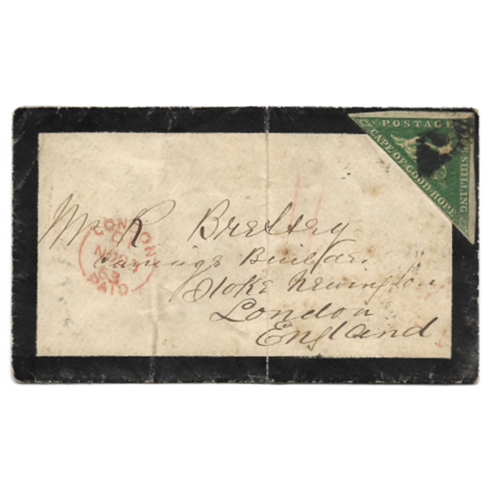 1863 mourning envelope to London with 1859 1s deep dark-green (SG8b)