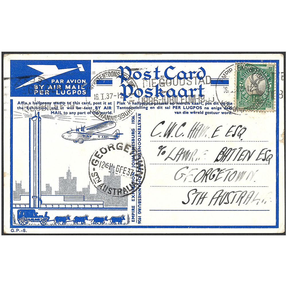 SOUTH AFRICA → AUSTRALIA 16 Jan 1937 empire exhibition Johannesburg 1936 airmail