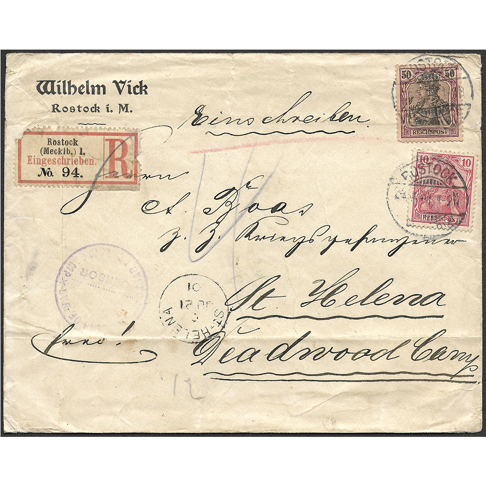 24 May 1901 registered cover to St Helena from Rustock (Germany)