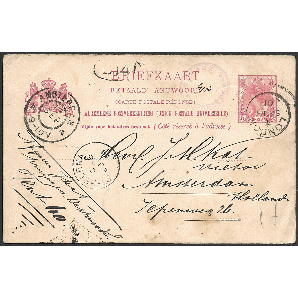 26 Aug 1901 Dutch postcard used from St Helena (with no penalty) to Amsterdam (Holland)
