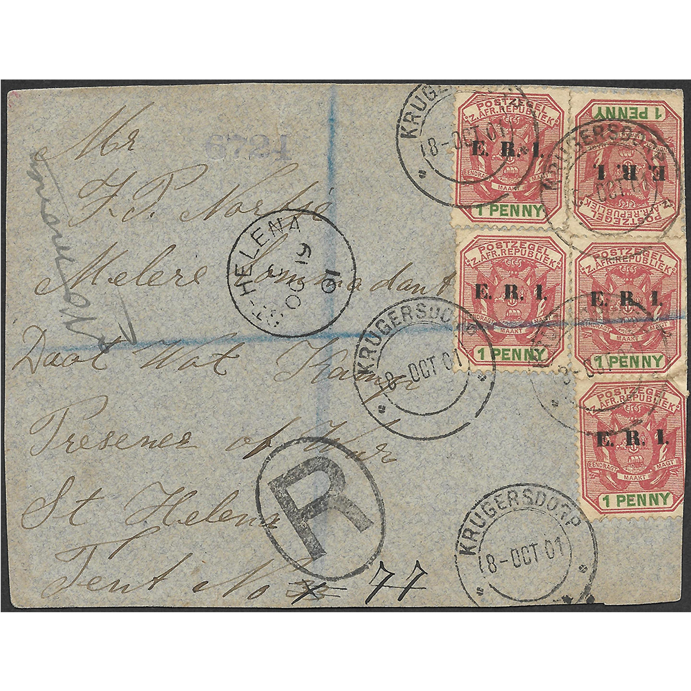 8 Oct 1901 prisoner of war registered cover front piece from Krugersdorp in the Transvaal to St Helena