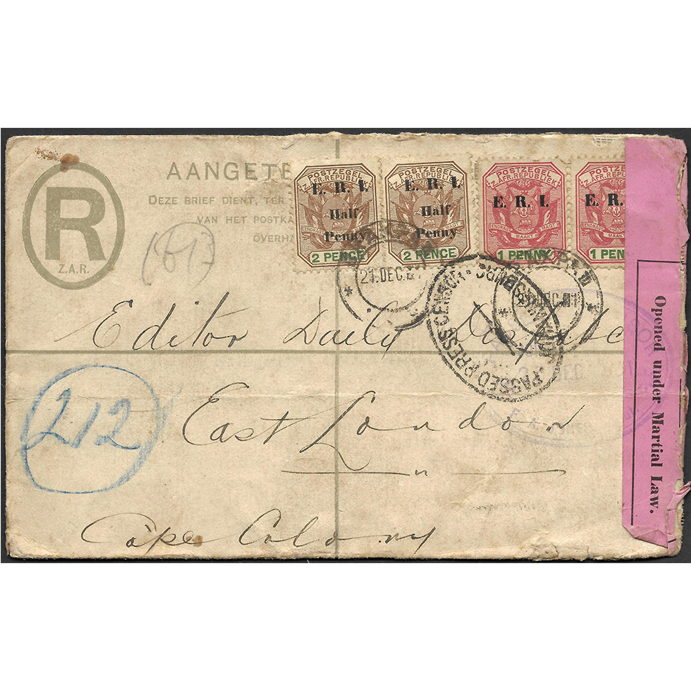 21 Dec 1901 registered cover from Brakpan to the editor of the Daily Dispatch newspaper in East London