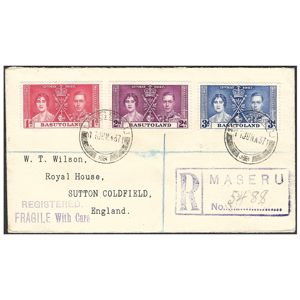 Basutoland Wilson registered cover with coronation set of 1937 (SG15-17)