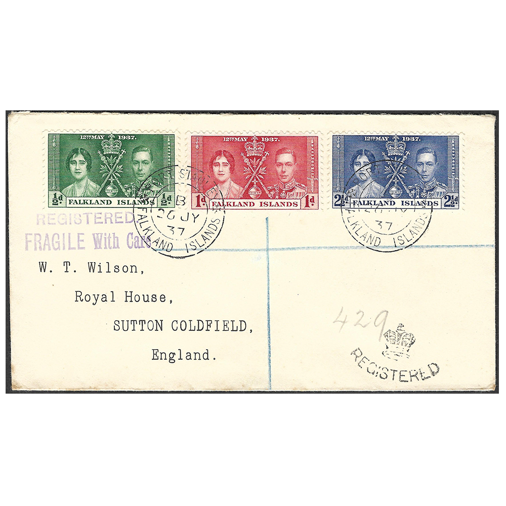Falkland Islands Wilson registered cover with coronation set of 1937 (SG143-145)