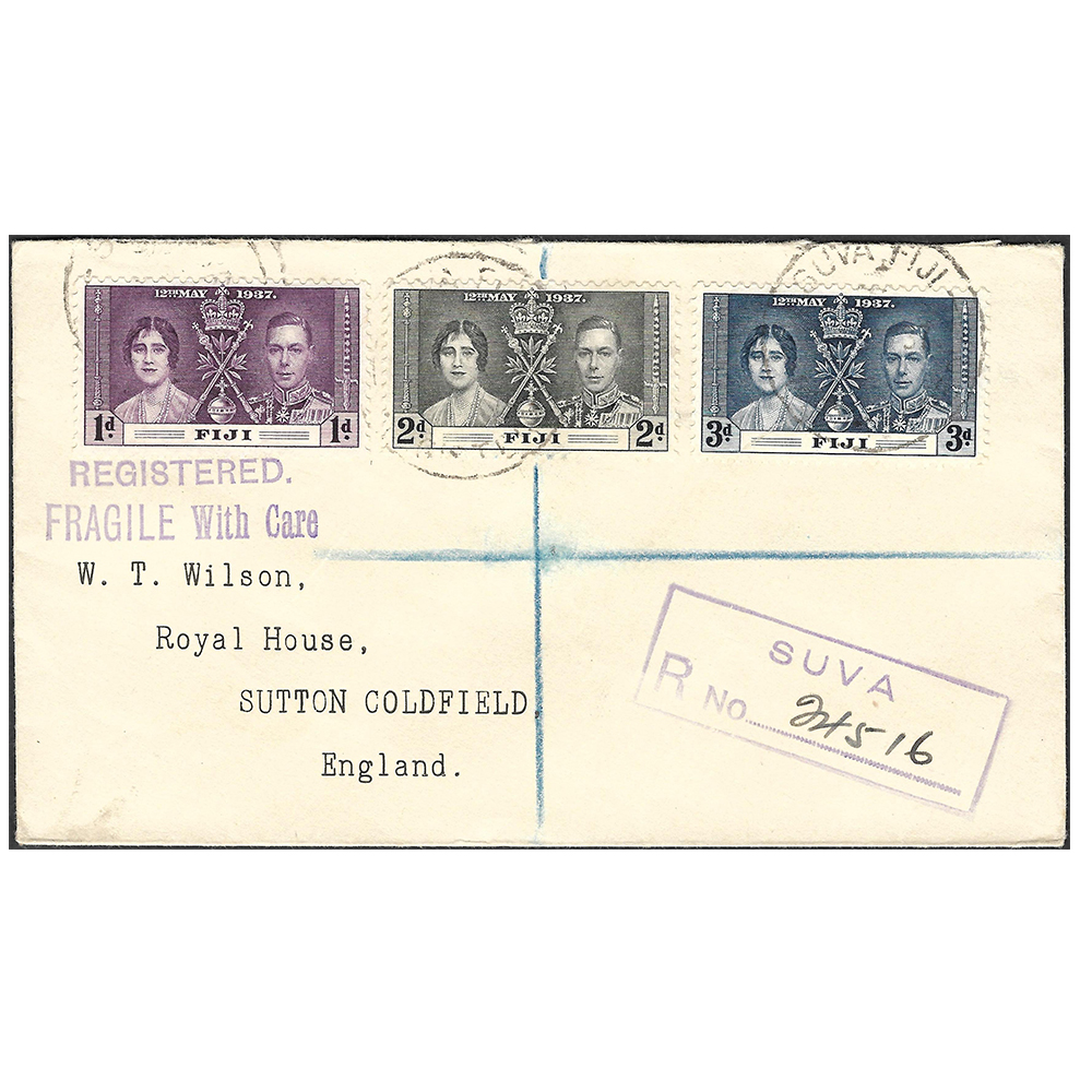 Fiji Wilson registered cover with coronation set of 1937 (SG246-248)