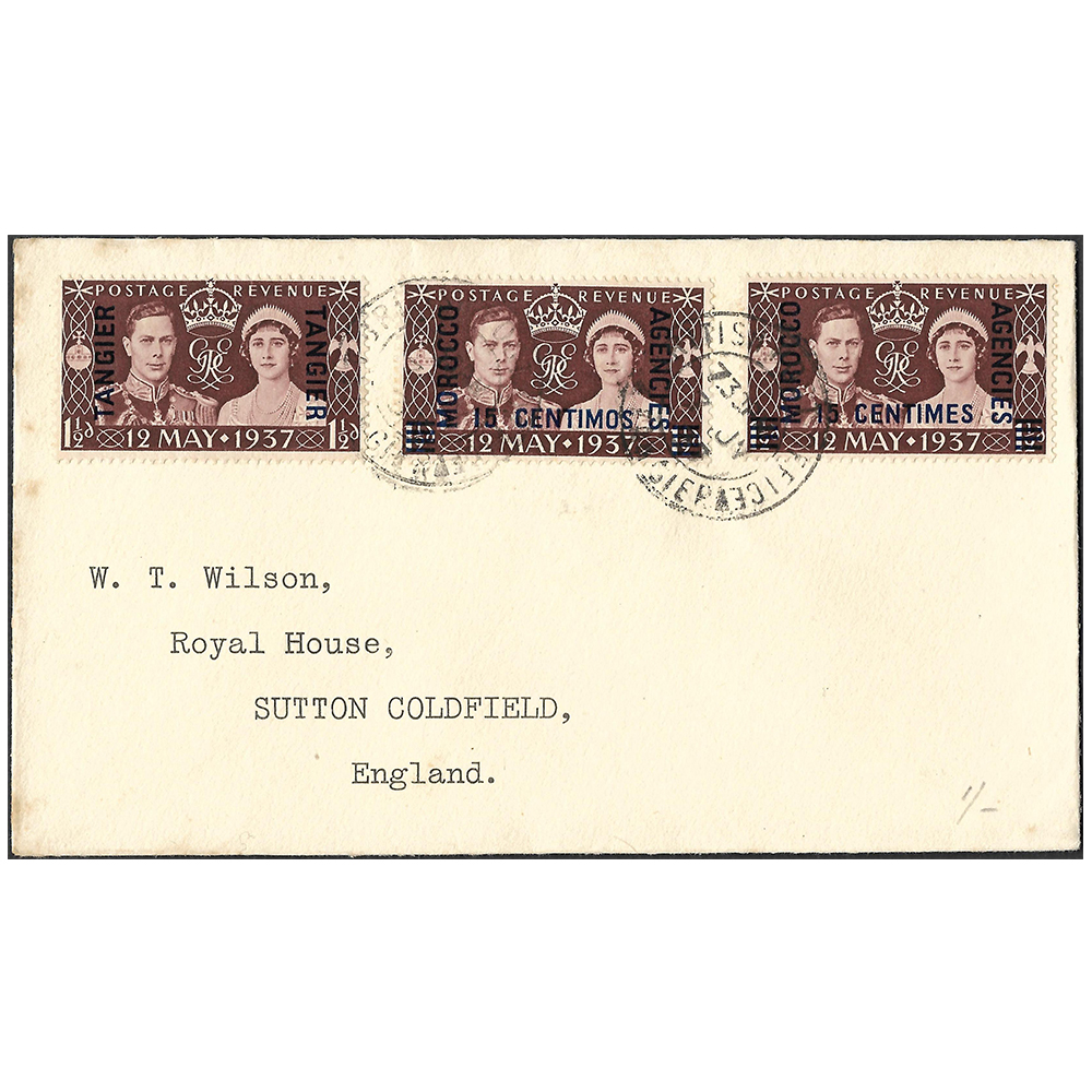 Morocco Agencies Wilson cover with Tangiers overprinted coronation stamp (SG244) and two Morocco Agencies overprinted stamps (SG164)