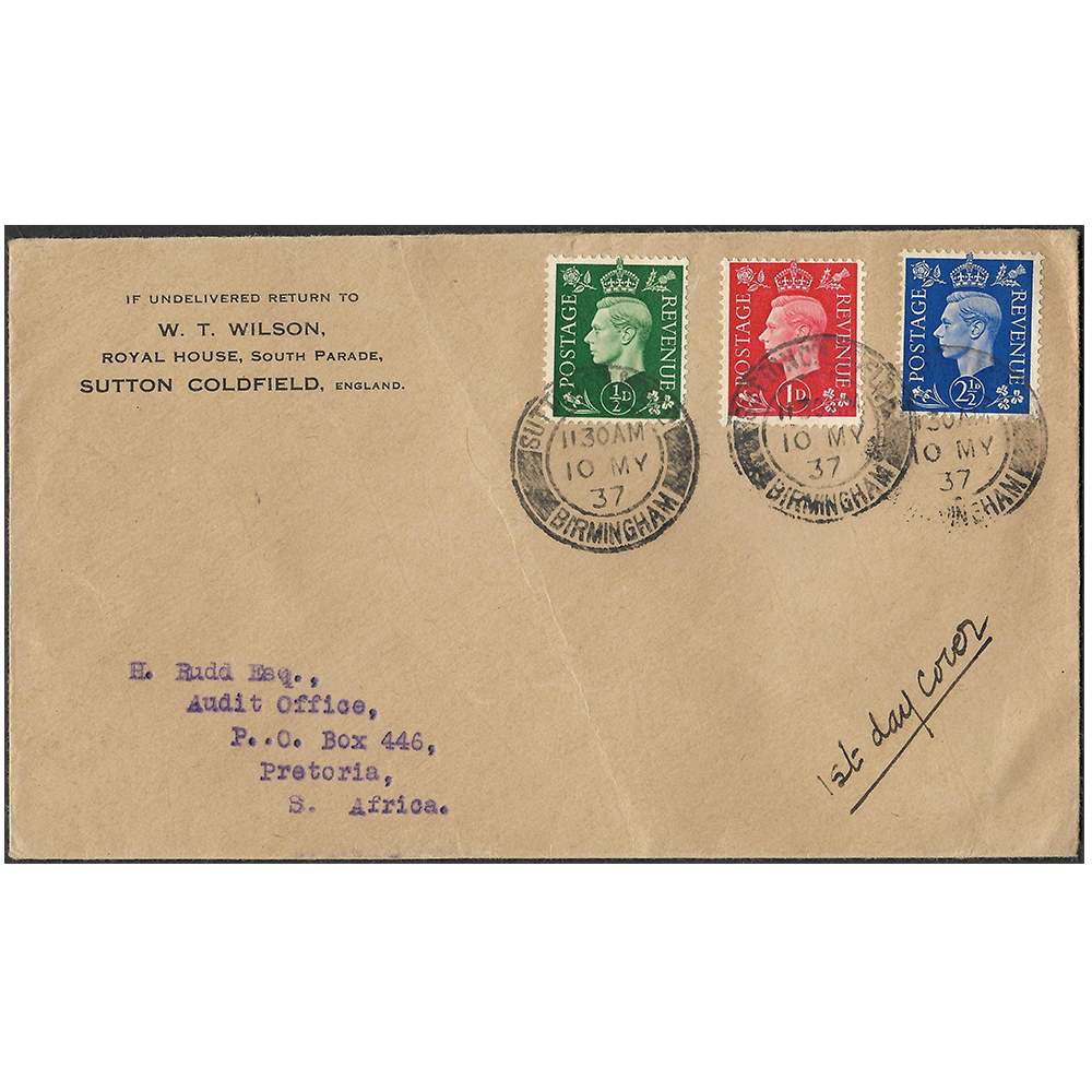 Rudd correspondence: Great Britain 1937 Wilson first day cover with ½d (SG462), 1d (SG463) and 2½d (SG466) with 1937-47 issue ½d - 2½d (SG434-437)