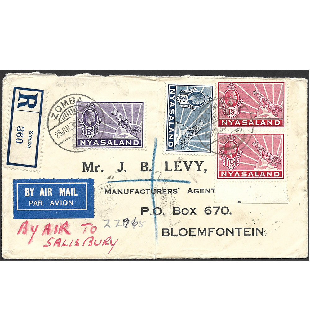 Nyasaland Protectorate registered cover with George V 1½d pair, 3d and 6d stamps (SG 116, 118, 120)