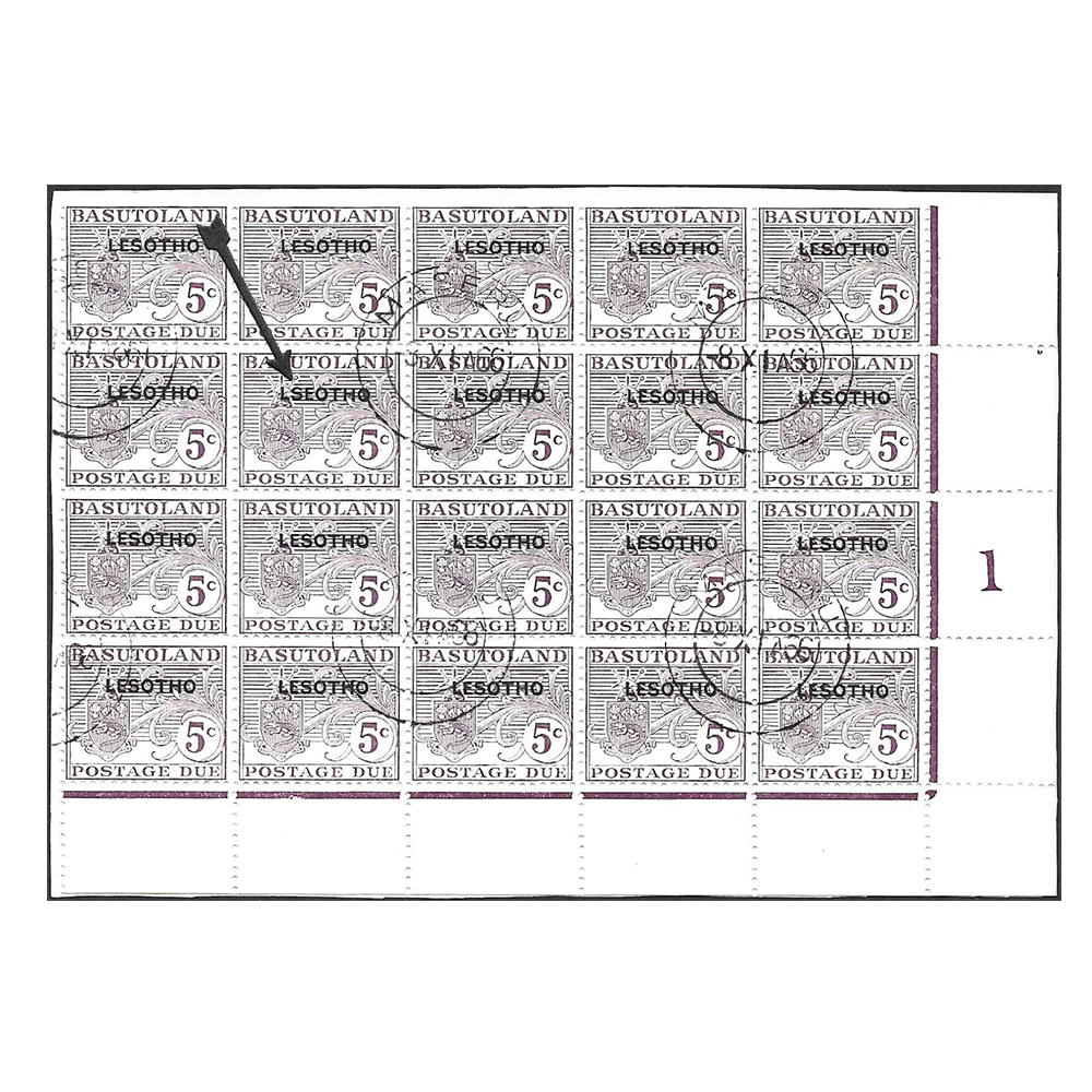 1966 5c deep reddish violet right bottom marginal corner block of 20 with "LSEOTHO" variety on Row 4/7 (SGD12a)