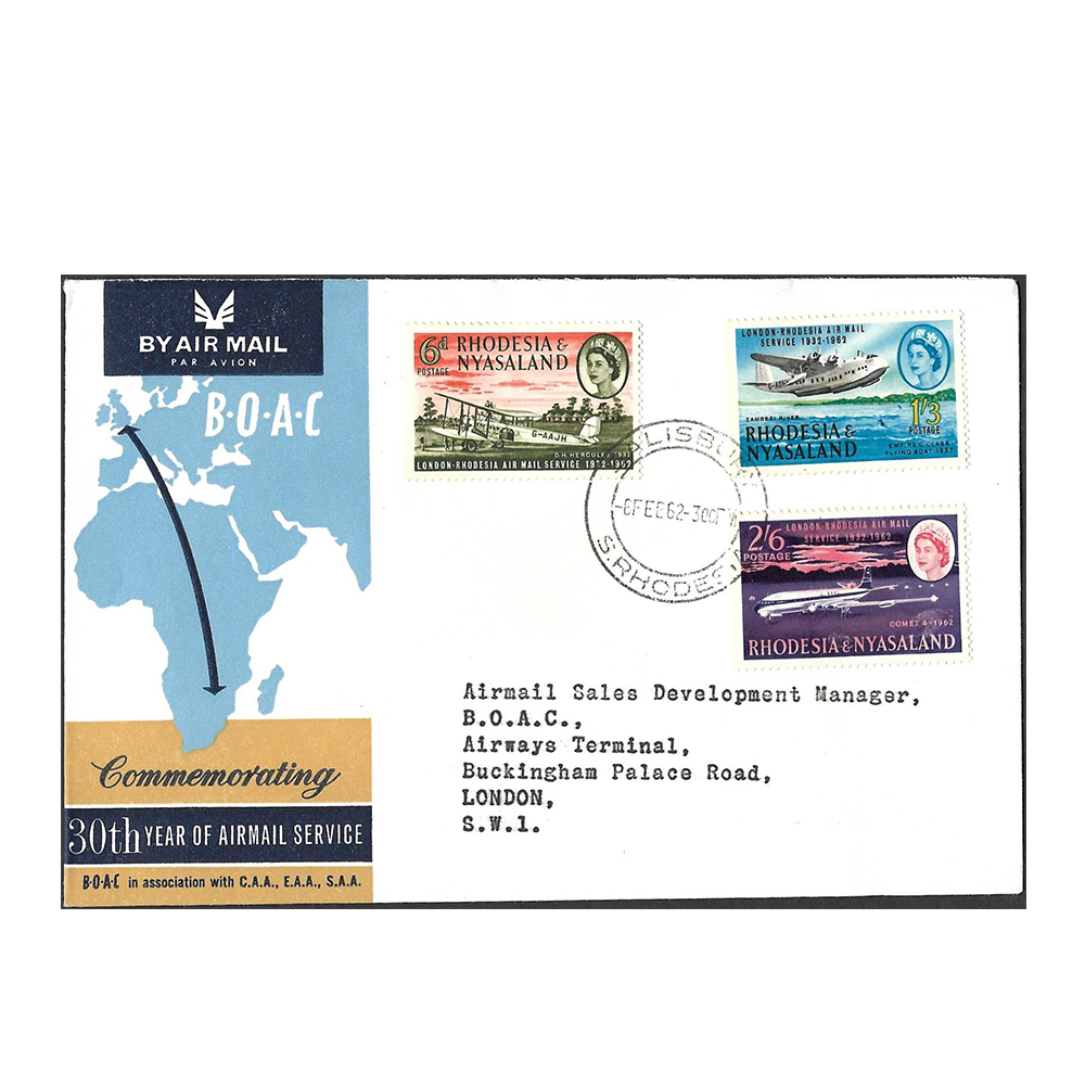 1962 first day/flight cover commemorating the 30th anniversary of the first London-Rhodesia airmail service with complete set (SG40-42)
