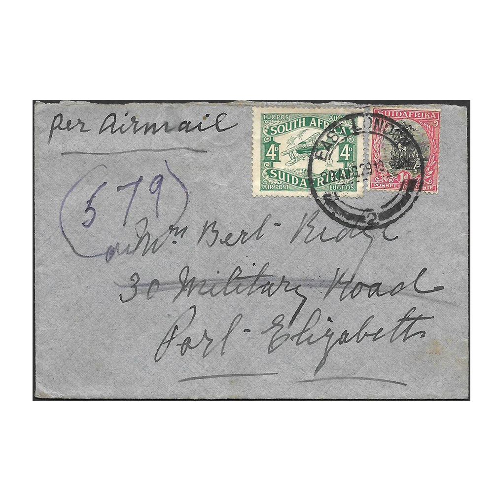 SOUTH AFRICA early airmail cover from East London to Port Elizabeth with 29 Aug 1929 datestamp.