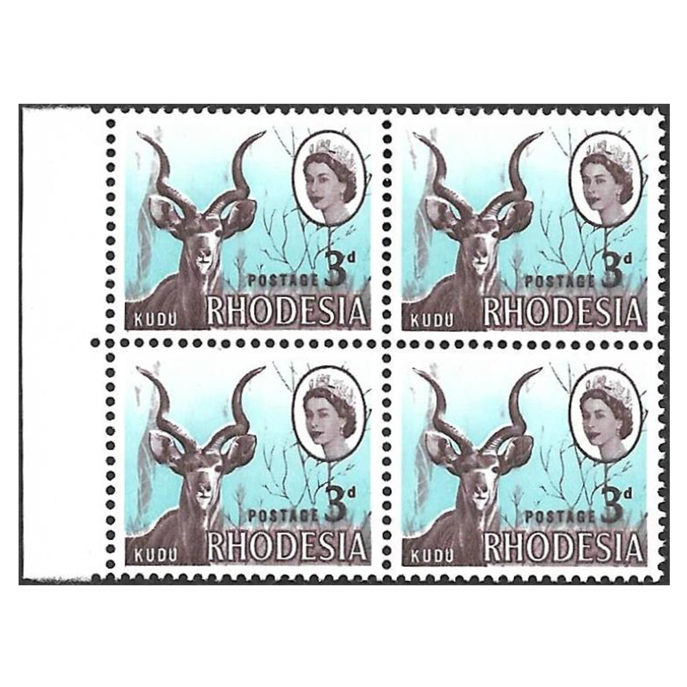 1966 3d chocolate and pale blue left marginal block of four