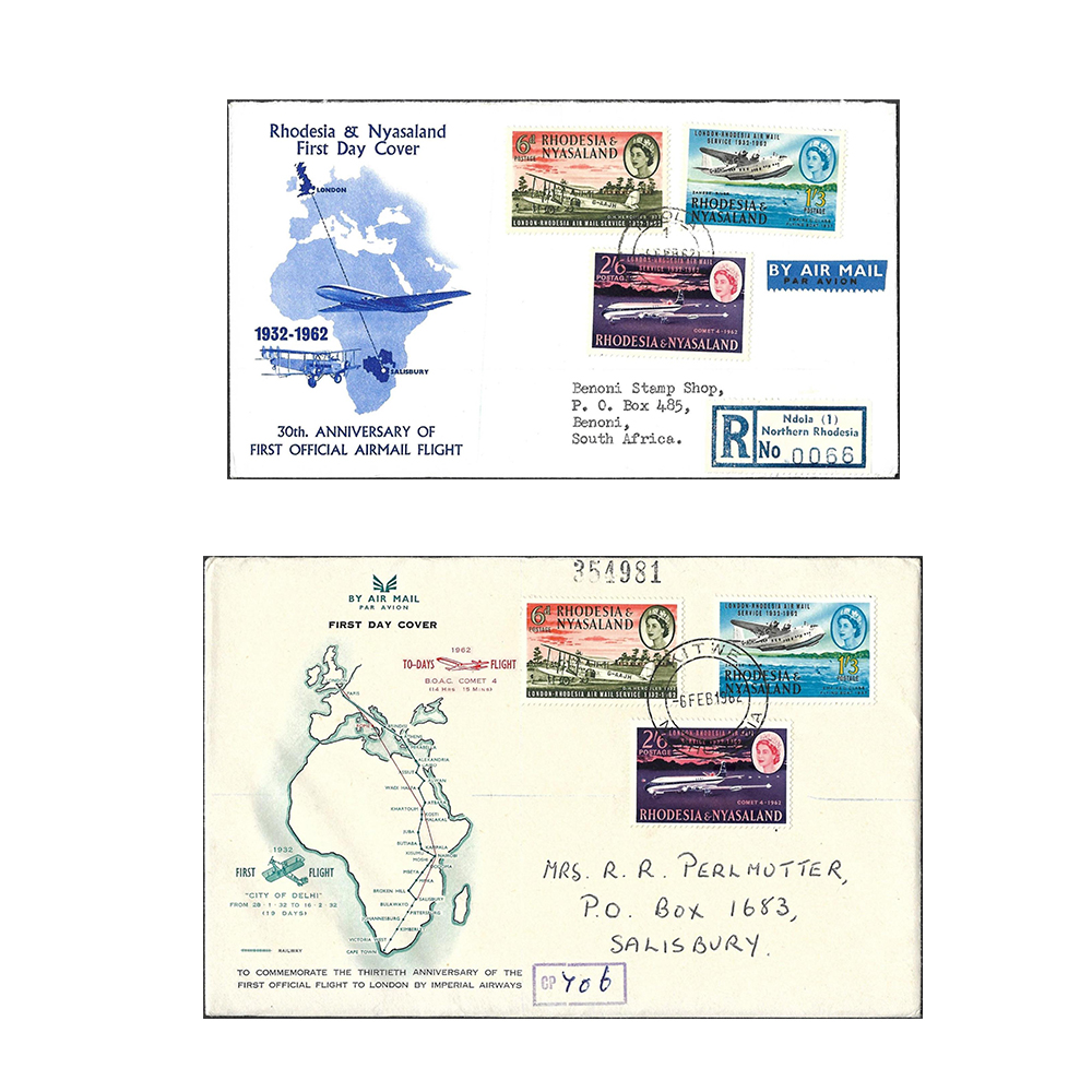 1962 first day covers commemorating the 30th anniversary of the first London-Rhodesia airmail service with complete sets (SG40-42)