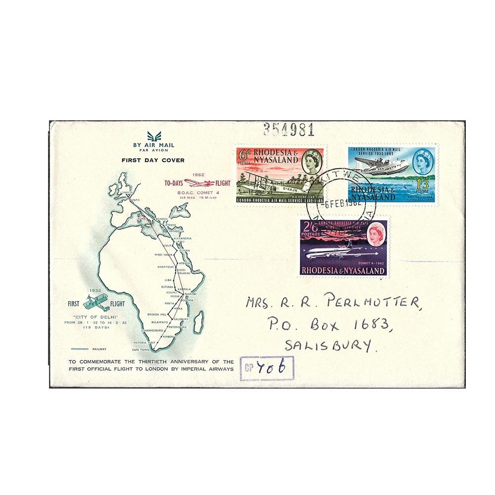 1962 first day covers commemorating the 30th anniversary of the first London-Rhodesia airmail service with complete sets (SG40-42) - Image 3
