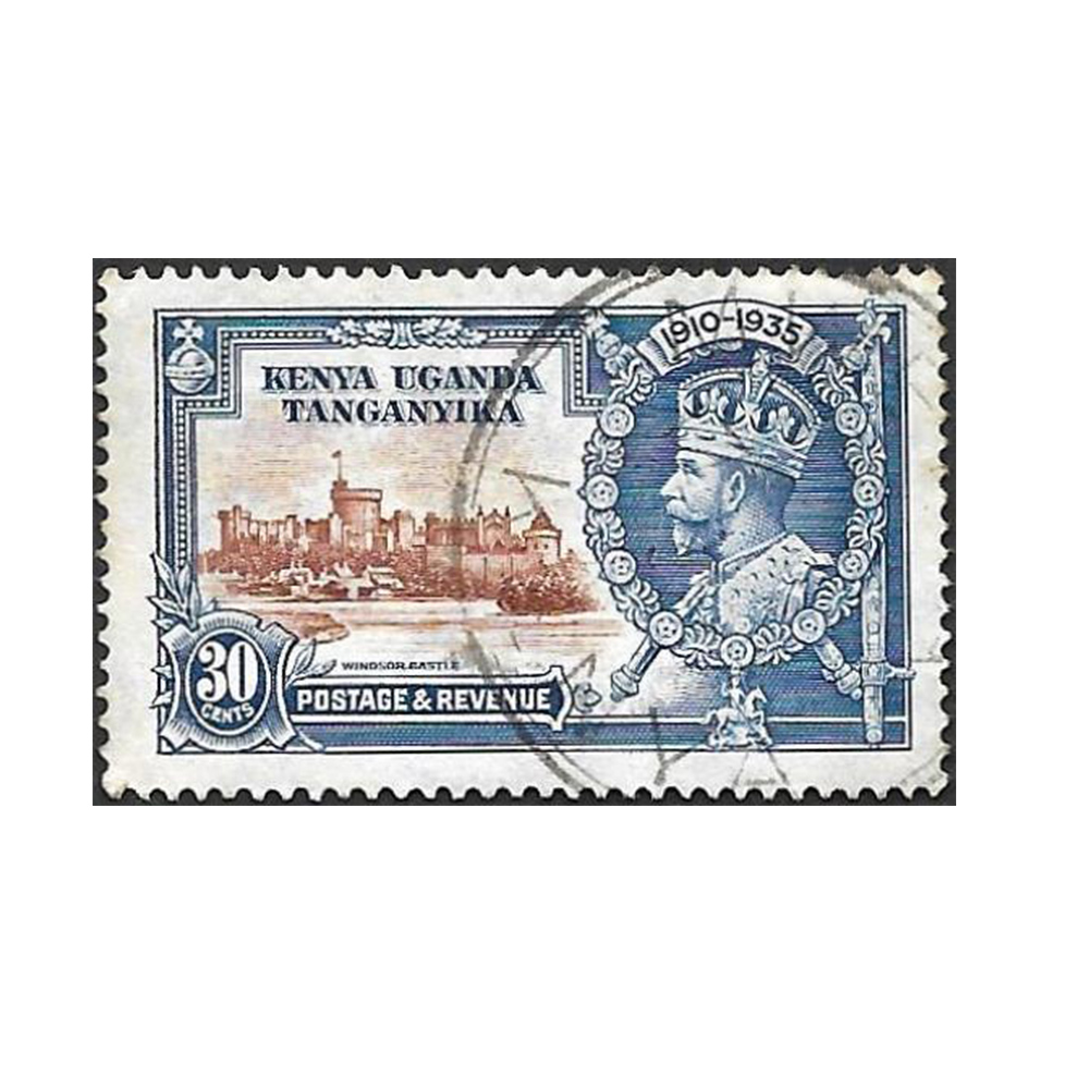 KENYA, UGANDA AND TANGANYIKA: 1935 George V silver jubilee 30c brown and deep blue with diagonal line by turret variety (SG125f)
