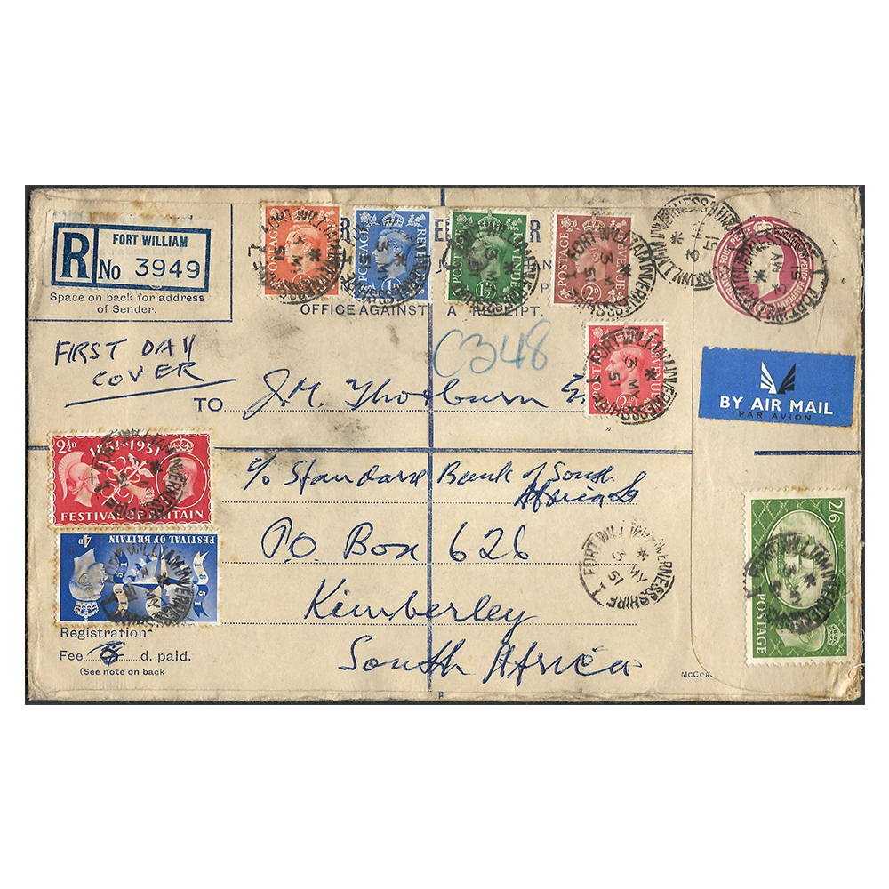 Registered first day cover to Kimberley (South Africa)