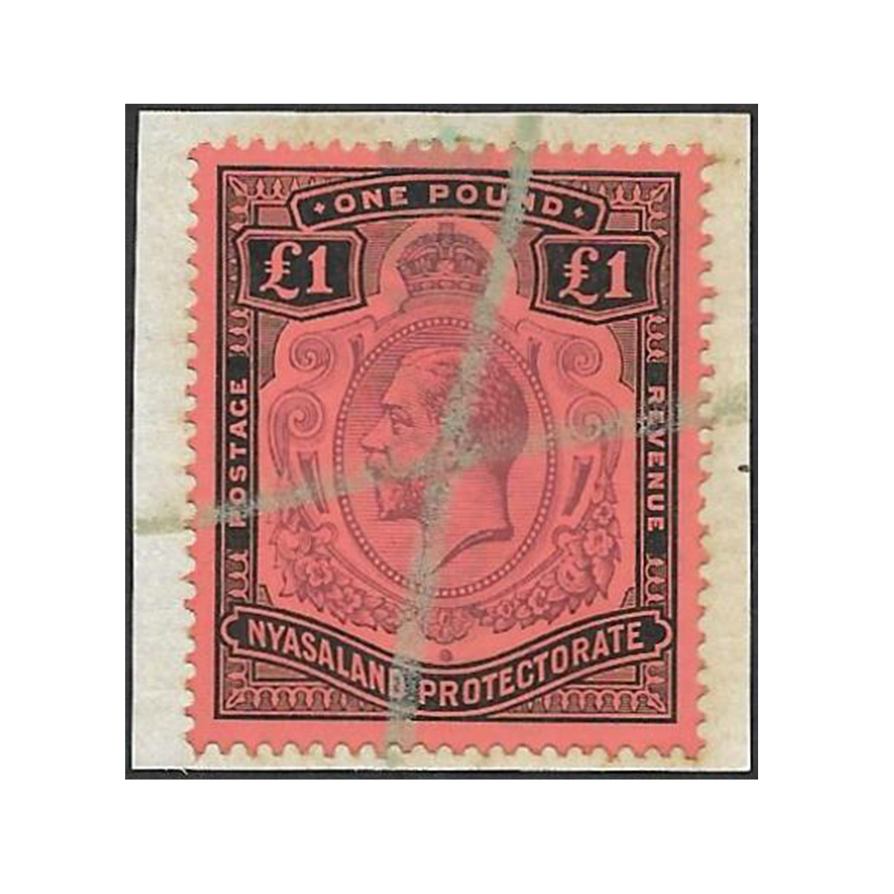 1913 - 1921 Nyasaland Protectorate George V £1 purple and black/red definitive issue (SG 98)