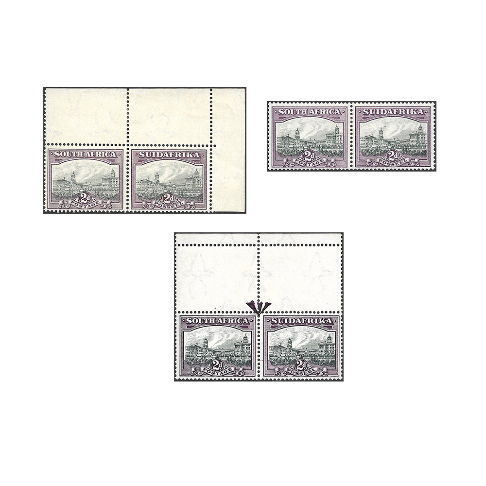 1931 Pretoria pictorial issue 2d slate-grey and lilac selection of right top marginal corner pair