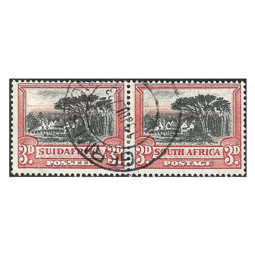 1931 Pretoria pictorial issue 3d black and red inverted watermark used pair with window flaw on right stamp (SG45bw, SACC45av)