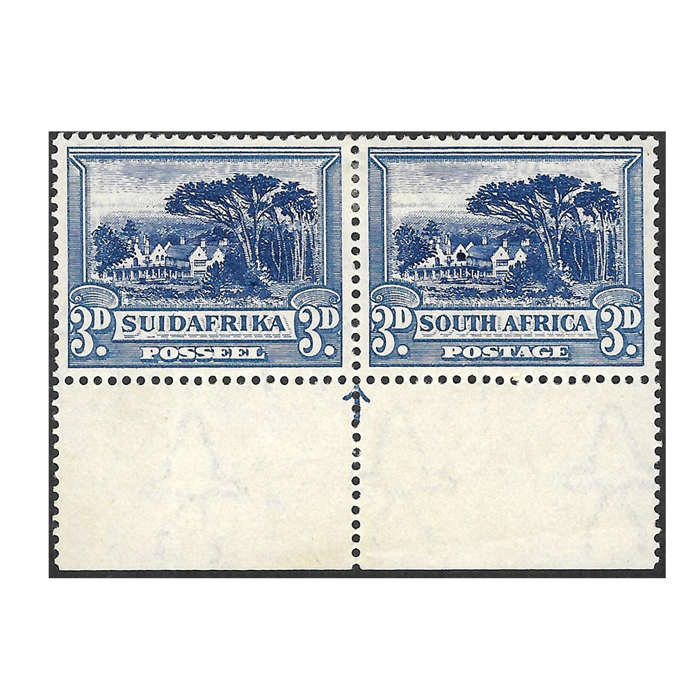 1933 Pretoria pictorial issue 3d blue inverted watermark bottom marginal arrow pair (mint) with window flaw on right stamp (SG45dw, SACC46av)