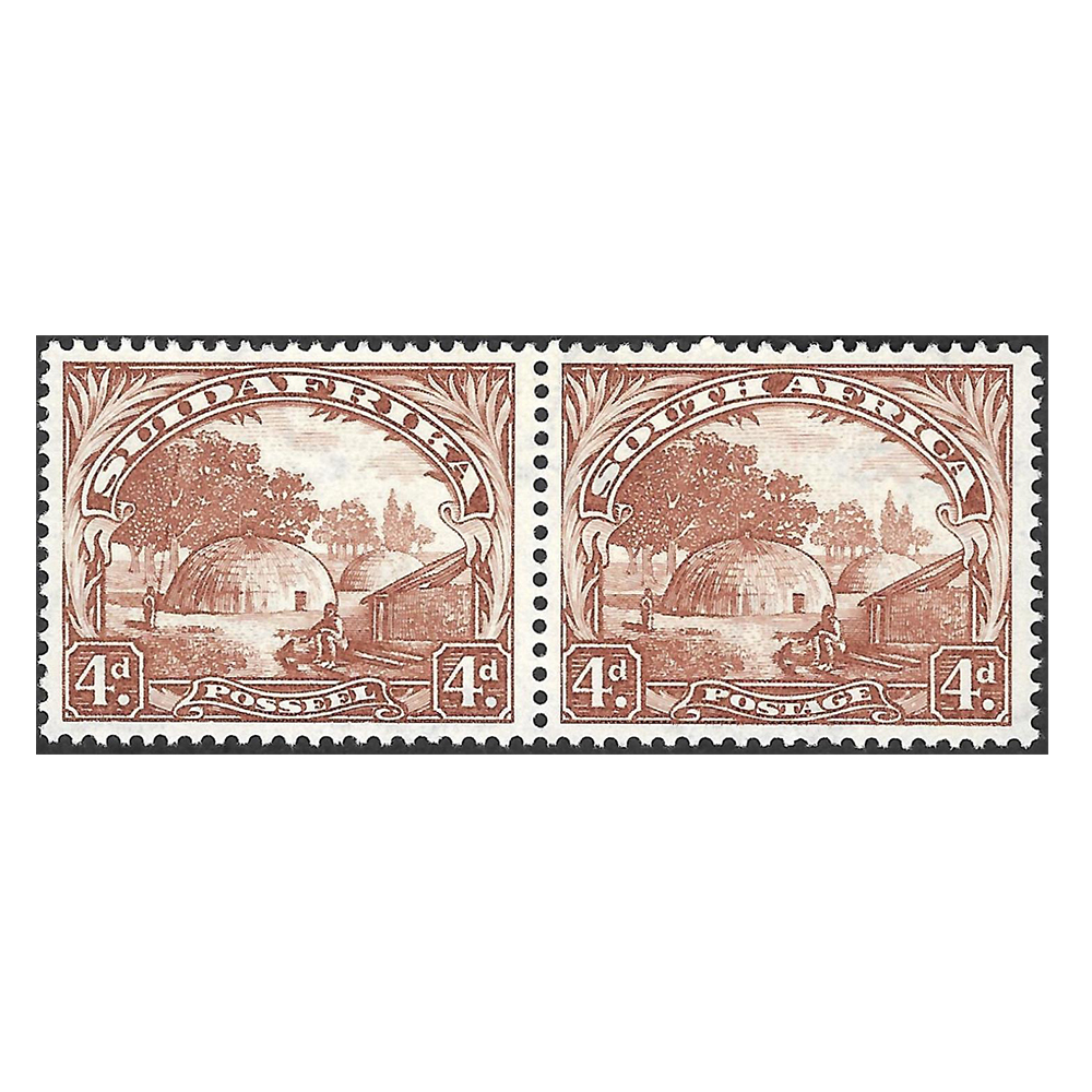 1932 Pretoria pictorial issue 4d brown inverted watermark mint pair with spear flaw on left stamp (SG46bw, SACC47v)
