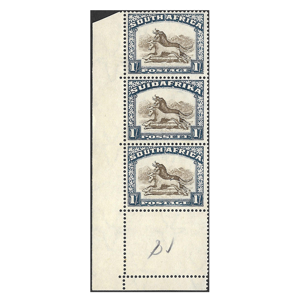 1932 Pretoria pictorial issue 1s brown and deep blue unmounted mint/mint strip with dart in gnu's back variety on bottom stamp and missing clouds on top stamps (SG48a, SACC49v)