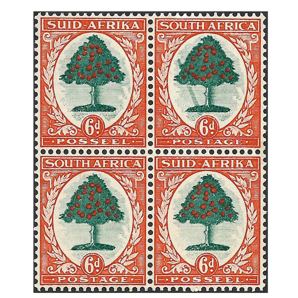 1937 hyphenated pictorial issue 6d green and vermillion Type I with falling ladder flaw on top right stamp (SG61a, SACC 60c)