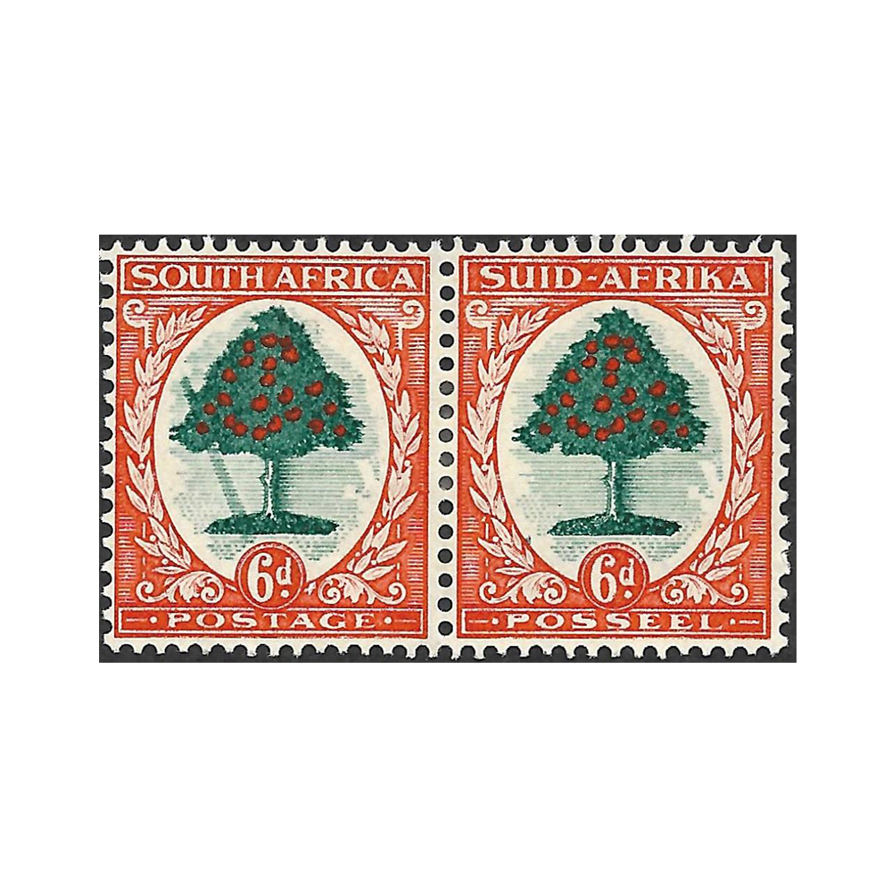 1937 hyphenated pictorial issue 6d green and vermillion Type I with falling ladder flaw on left stamp (SG61a, SACC 60c)