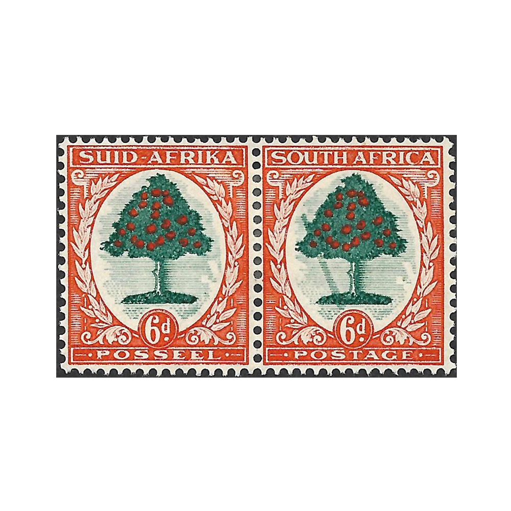 1937 hyphenated pictorial issue 6d green and vermillion Type I with falling ladder flaw on right stamp (SG61a, SACC 60c)