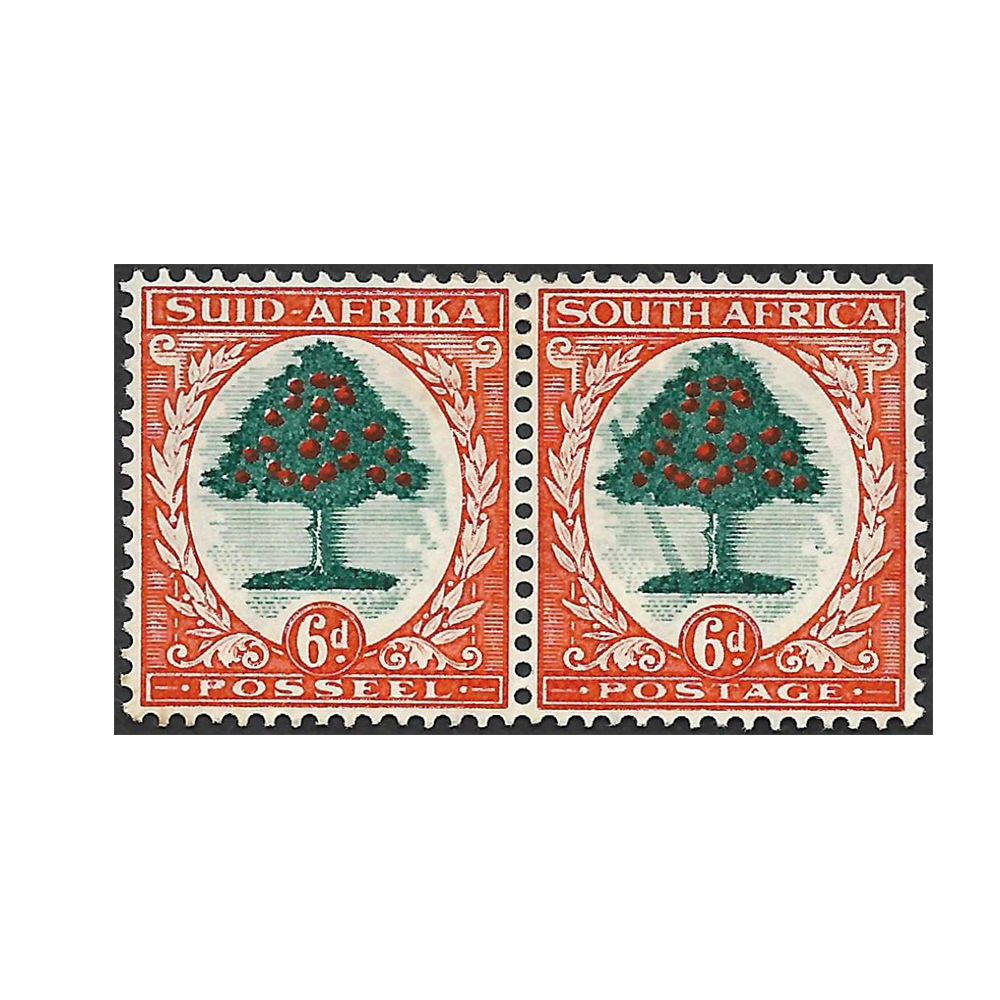 1937 hyphenated pictorial issue 6d green and vermillion Type I with falling ladder flaw on right stamp (SG61a, SACC 60c)