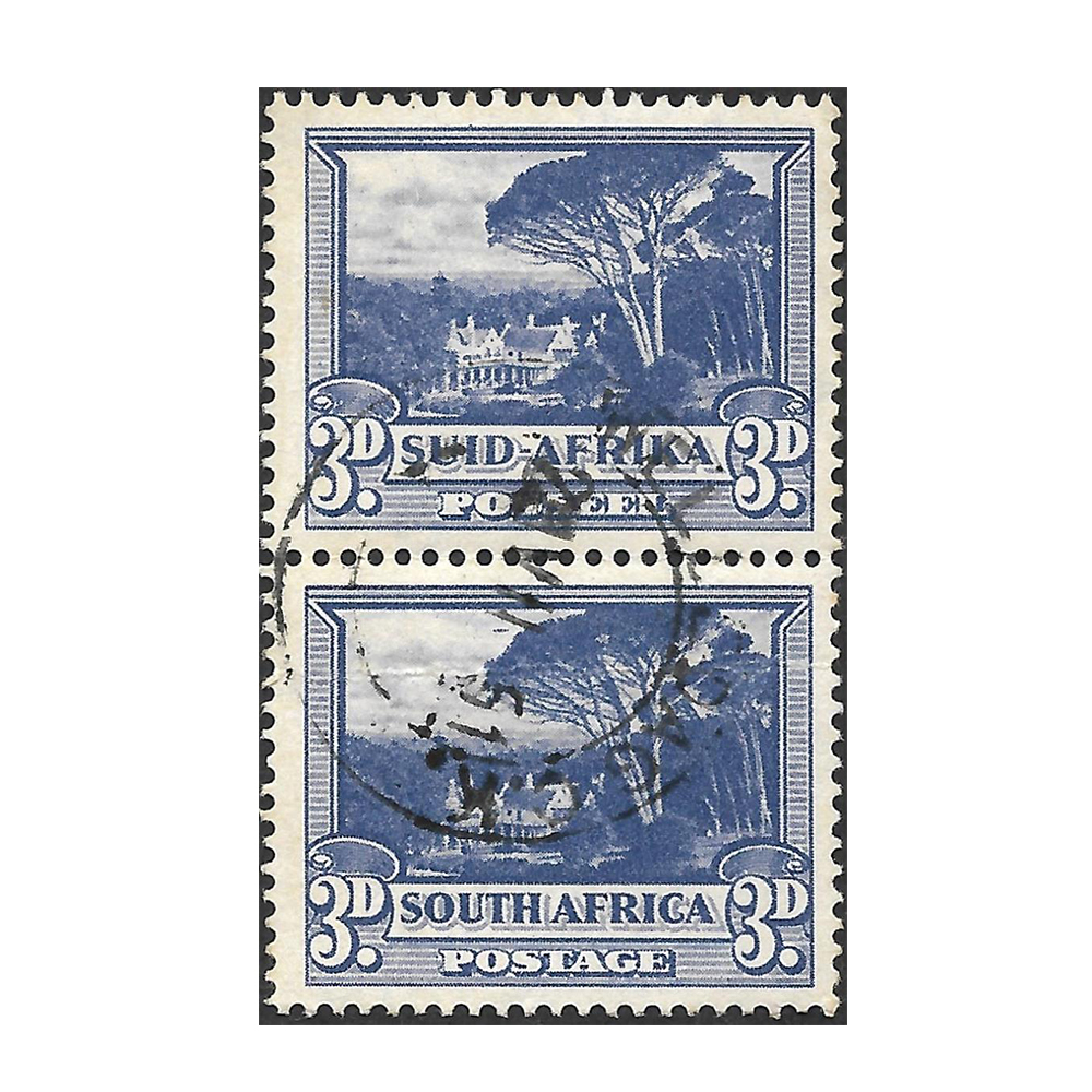 1951 hyphenated and screened pictorial issue 3d blue pair with flying saucer variety on bottom stamp (SG117ab, SACC 116c)
