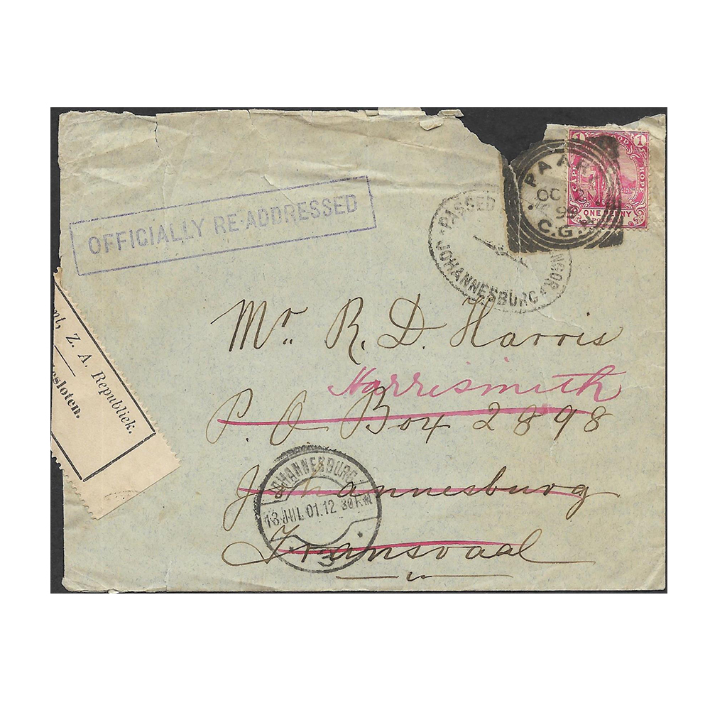 2 Oct 1899 cover from Paarl to Johannesburg, prior to start of war. Johannesburg arrival datestamp 5 Oct 1999 at back.