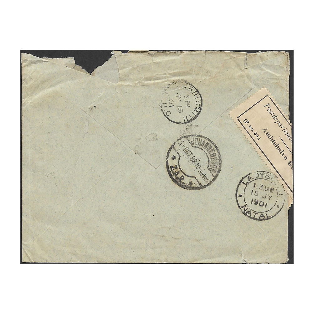 2 Oct 1899 cover from Paarl to Johannesburg, prior to start of war. Johannesburg arrival datestamp 5 Oct 1999 at back. - Image 2
