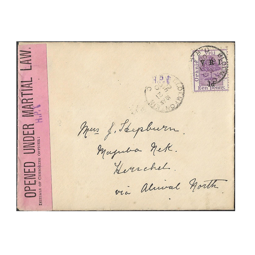 21 Dec 1900 cover from Bloemfontein to Majuba Nek, Herschel with Aliwal North 24 Dec 1900