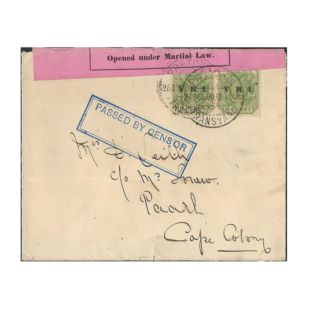 26 Dec 1900 cover from Pretoria to Paarl with arrival datestamp of 31 Dec 1900