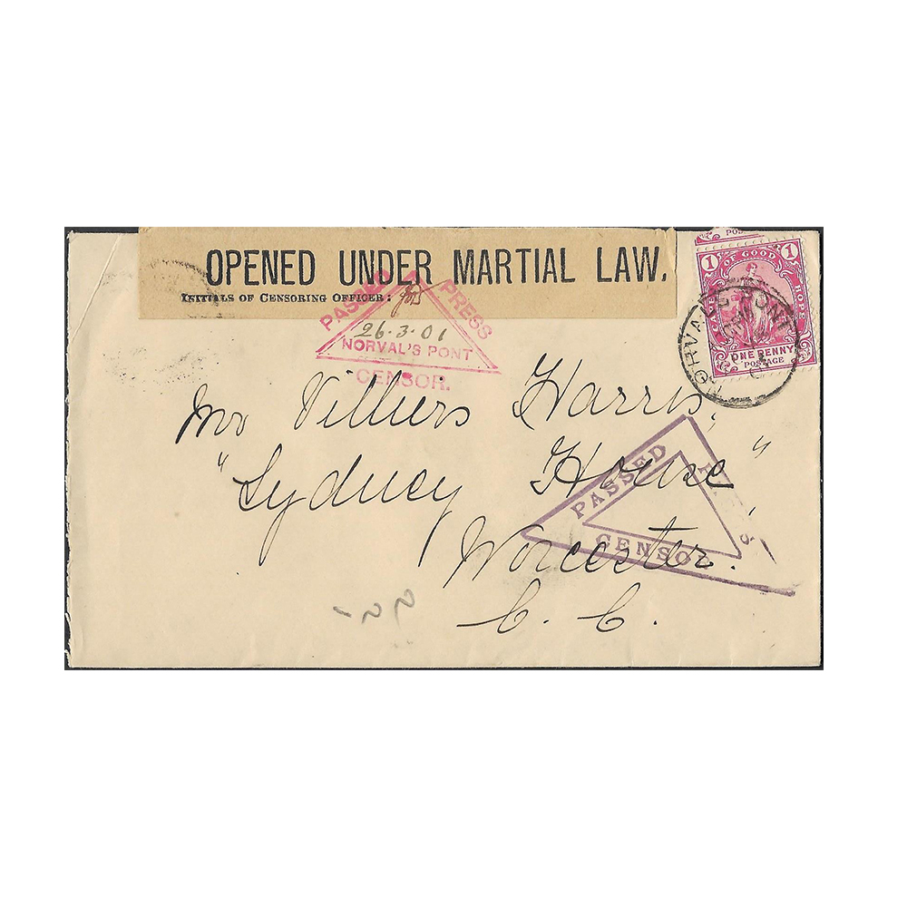 26 Mar 1901 cover from Norvalspont to Worcester with British censor seal Type 15