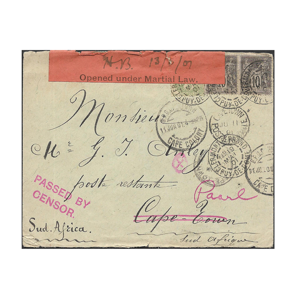 19 May 1901 cover from Puy de Dôme (dormant volcano) in Clermont-Ferrand (France) to Cape Town,