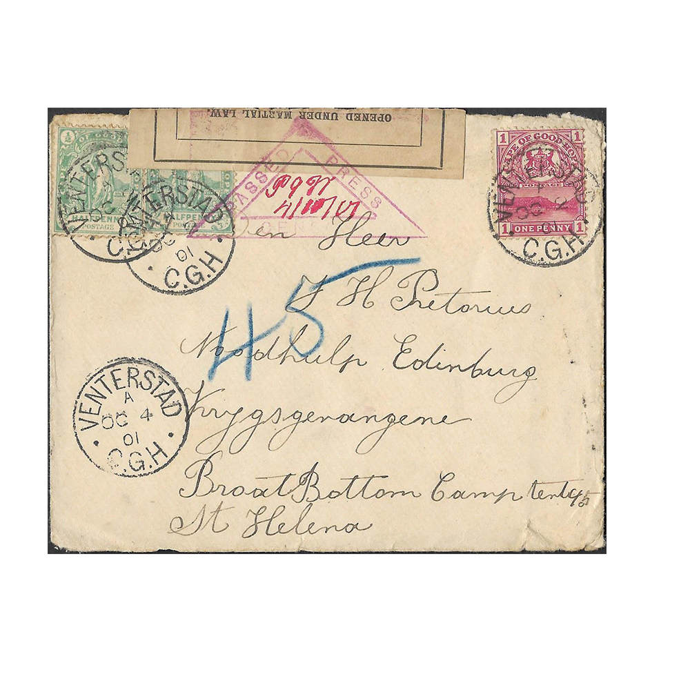 2 Oct 1901 registered cover from Venterstad to St Helena 's Broad Bottom Camp