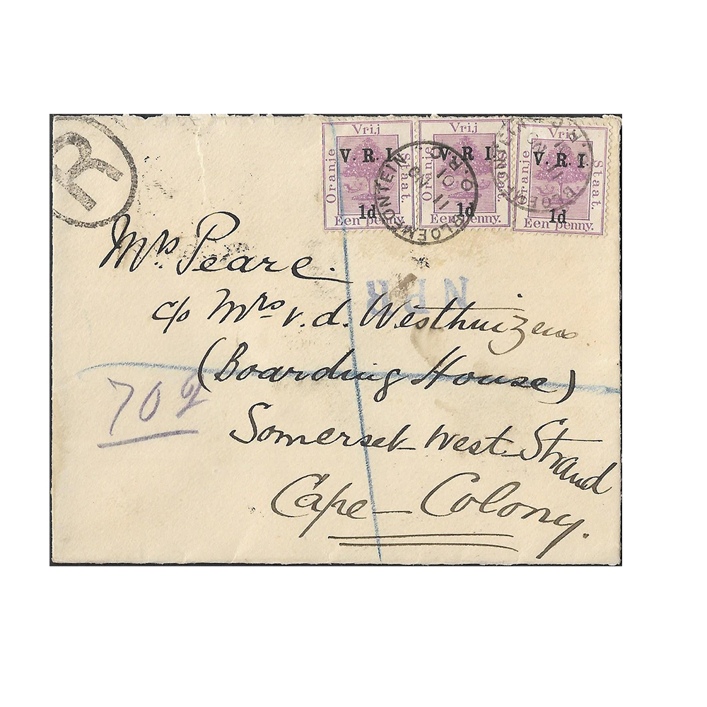 11 Nov 1901 registered cover from Bloemfontein to Somerset West Strand