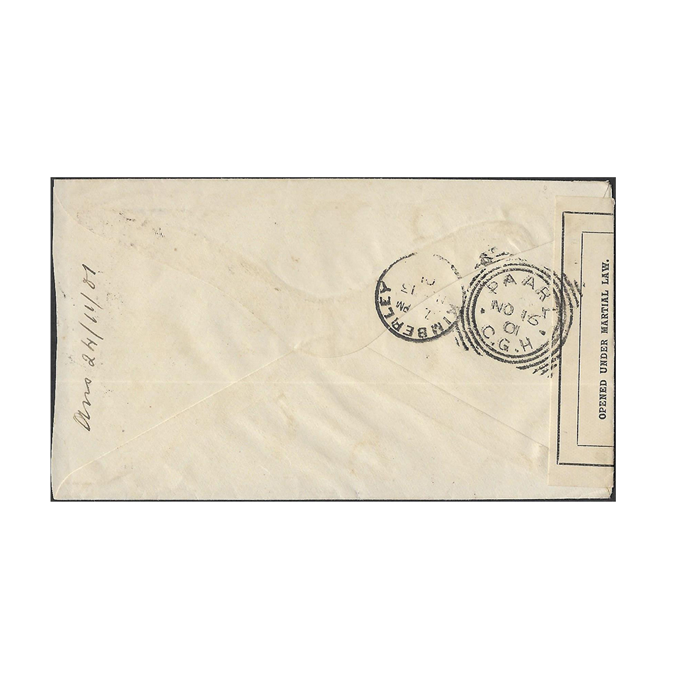 11 Nov 1901 cover from Taungs to Paarl with British censor seal Type 7D (Snowden and Hepworth, 1987) - Image 2