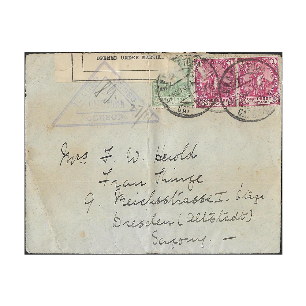 27 Nov 1901 cover from Cape Town to Dresden with British censor seal Type 7D (Snowden and Hepworth, 1987)