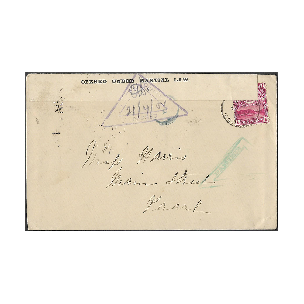 21 Apr 1902 cover from Bredasdorp to Paarl with British censor seal Type 34