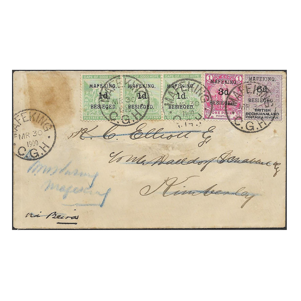 30 March 1900 cover to Kimberley with strip of three SG1, SG3 and SG10