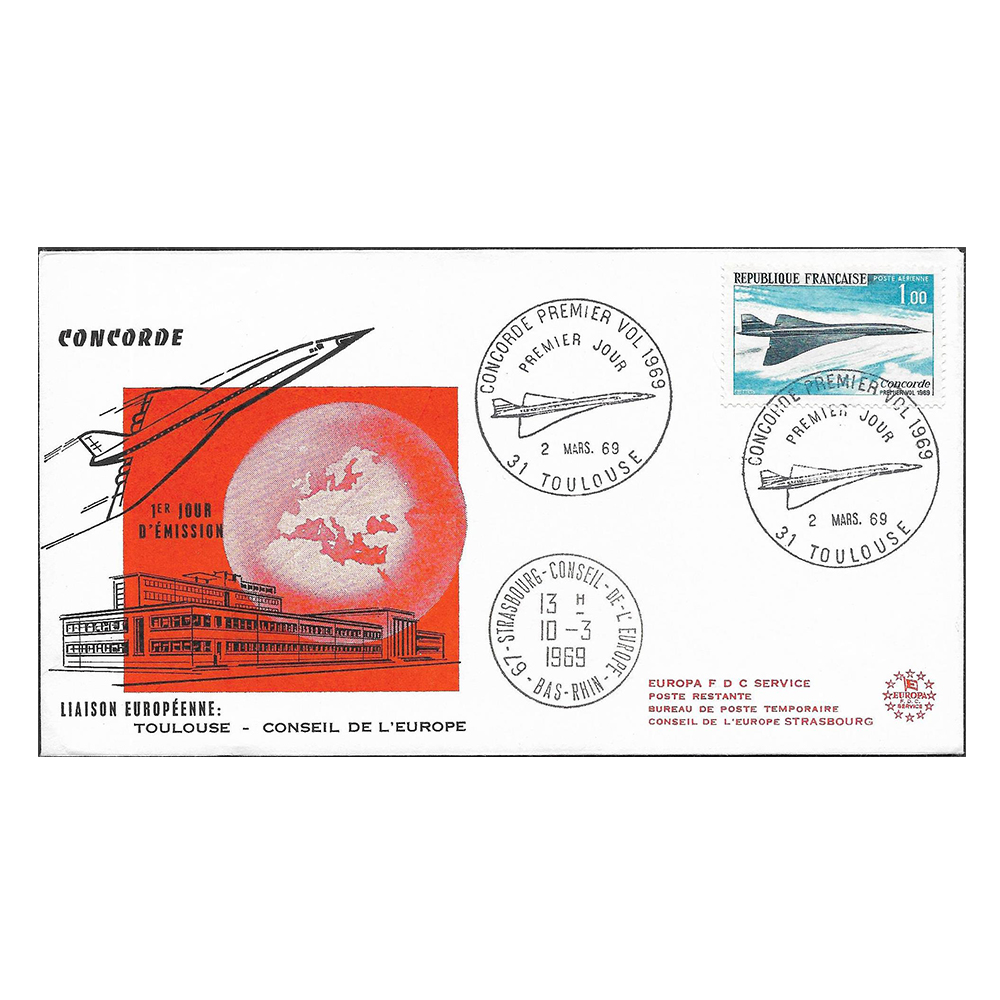 FRANCE Concorde first flight cover with 2 Mar 1969 and 10 Mar 1969 Strasbourg datestamps on front.