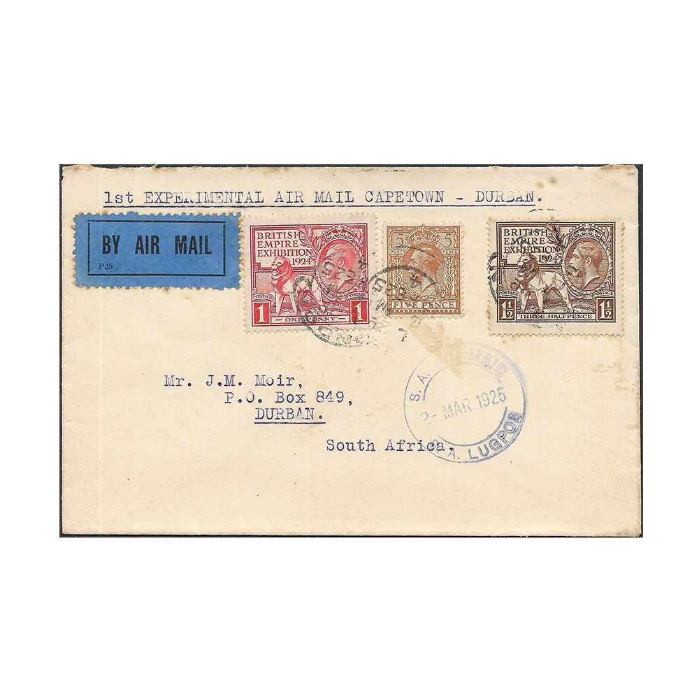 GREAT BRITAIN → SOUTH AFRICA airmail cover with 1924 British Empire exhibition stamps cancelled by 13 Feb 1925