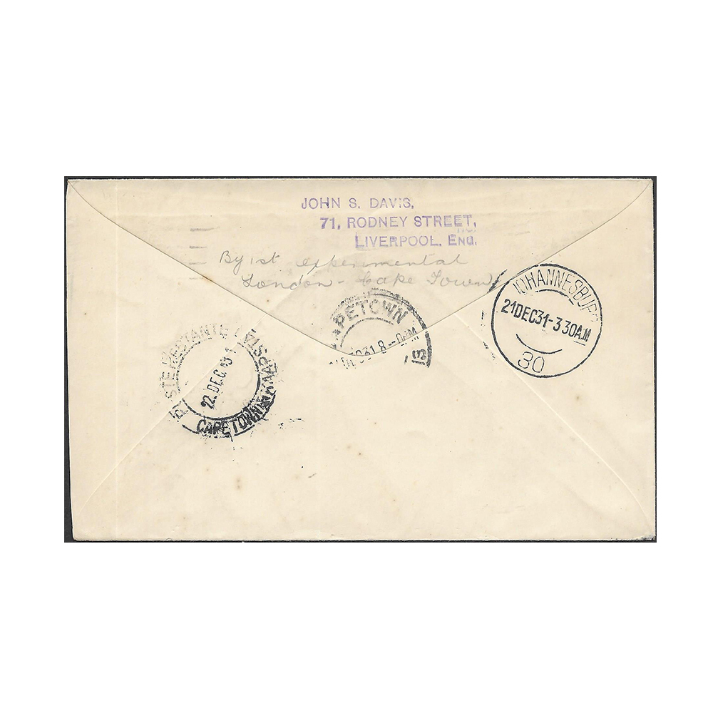 GREAT BRITAIN → SOUTH AFRICA Imperial Airways airmail cover to Cape Town with London 8 Dec 1931 datestamp - Image 2