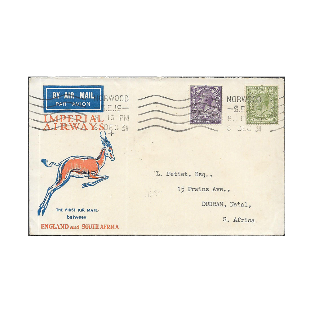 GREAT BRITAIN → SOUTH AFRICA Imperial Airways airmail cover to Durban with Norwood 8 Dec 1931 datestamp
