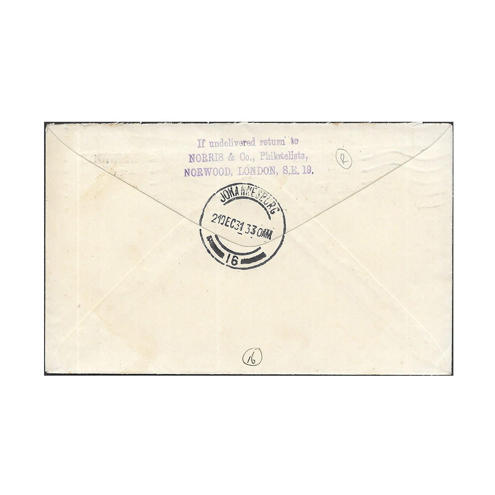 GREAT BRITAIN → SOUTH AFRICA Imperial Airways airmail cover to Durban with Norwood 8 Dec 1931 datestamp - Image 2