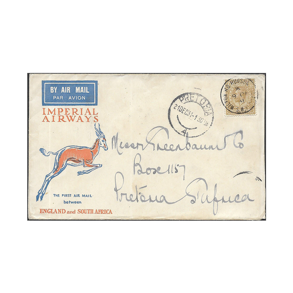 GREAT BRITAIN → SOUTH AFRICA Imperial Airways airmail cover to Pretoria with Wilton Road, Hudson's Place 9 Dec 1931 datestamp