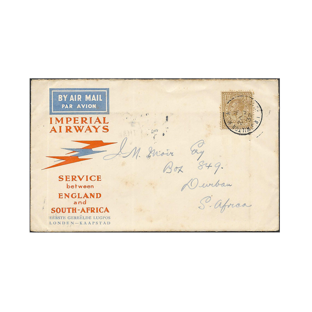 GREAT BRITAIN → SOUTH AFRICA Imperial Airways airmail cover to Durban with Wilton Road, Hudson's Place 20 Jan 1932 datestamp